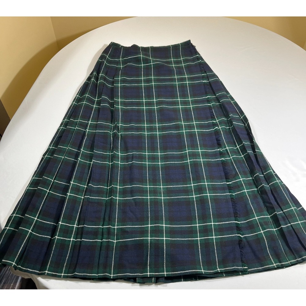 St Michael Vintage Plaid Maxi Kilt Skirt Wool Blend Pleated Green Blue 8/10